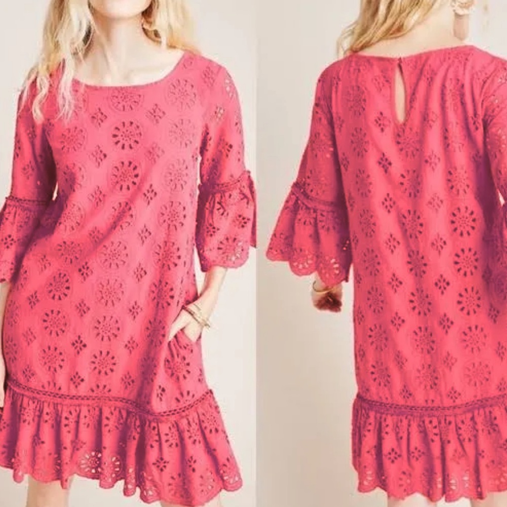 Anthropologie Dani Eyelet Ruffle Hem & Beaded Sleeve Dress w/ Pockets Size 2